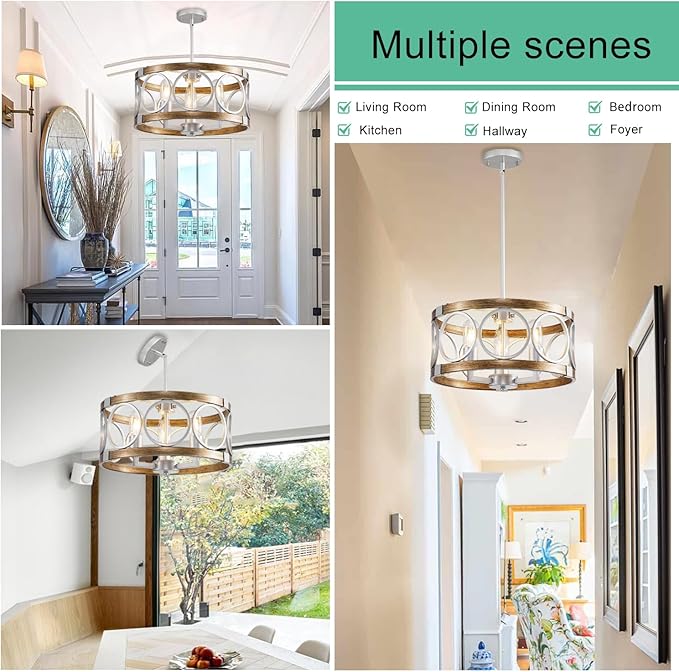 15.7'' Drum Chandelier, 3-Light Adjustable Height Round Dining RoomChandeliers, Silver Light Fixture Ceiling Mount Wood Grain Finish, Farmhouse Ceiling Light Fixture for Hallway