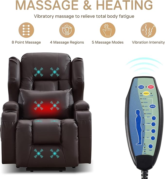 Power Lift Recliner Chair for Elderly, Electric PU Leather Reclining Single Sofa with Massage & Heat, Side Pocket, Cup Holders and USB/Type-C Charge Port for Living Room (Brown)