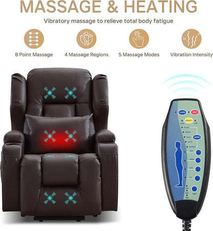 Power Lift Recliner Chair for Elderly, Electric PU Leather Reclining Single Sofa with Massage & Heat, Side Pocket, Cup Holders and USB/Type-C Charge Port for Living Room (Brown)