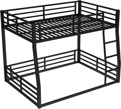 Full XL Over Queen Bunk Bed Frame with Noise Reduced Design, Heavy Buty Floor Bunk Bed Full XL Over Queen Bunk Beds with Build in Ladder for Adults, Teens(Black Floor Bunk Bed)