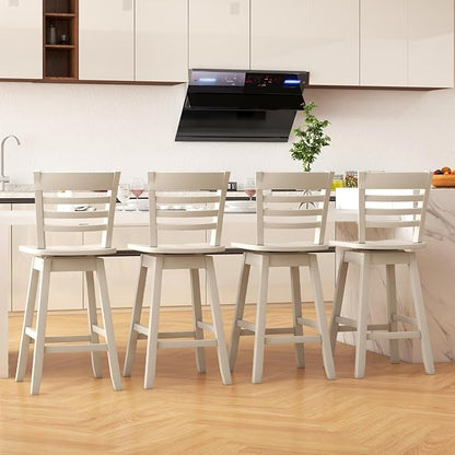 COSTWAY Bar Stools Set of 4, 24.5 Inch Swivel Counter Height Bar Chairs with Hollow Backrest & Contoured Seat, with Footrest for Kitchen Island, Pub, Bistro, Cafe (4, Cream)
