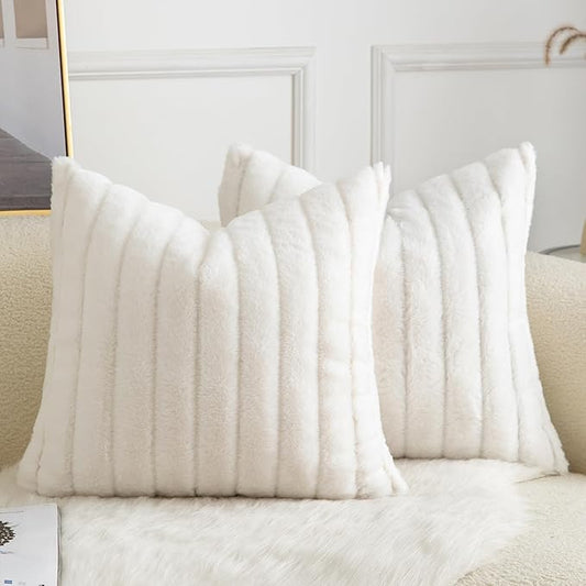 Pack of 2 Faux Fur Throw Pillow Covers 16x16 Inch Striped Decorative Soft Plush Couch Pillow Case Home Decor for Bed, Sofa, Living Room Cream White