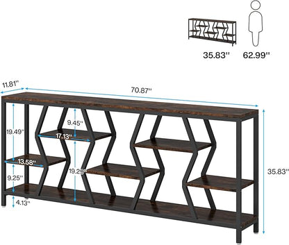 Tribesigns 70.9 Inches Sofa Console Table with 4 Tier Wood Storage Shelves, Industrial Extra Long Narrow Entryway Accent Tables for Hallway, Living Room, Foyer (Rustic Brown)
