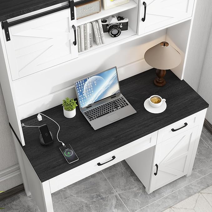 Vabches Farmhouse 47" Executive Desk, Computer Desk with 2 Drawers, LED Light and Storage Cabinet, Home Office Desk with Hutch, Charging Hub, Workstation for Home Office and Study,(Black desktop).