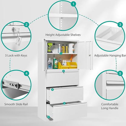 SISESOL 3 Drawer Lateral File Cabinet with Lock and Shelf,White Metal Filling Cabinet with Drawers and Shelf, Locking File Storage Cabinets with Doors and Shelves for Home,Office,Garage,School