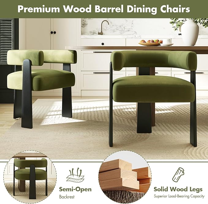 Modern Dining Chairs Set of 4, Upholstered Velvet Barrel Accent Chairs with Backrest & Arms, Wide and Thicker Padded Kitchen Side Chair with Wooden Legs for Dining Room, Livingroom, Dark Green