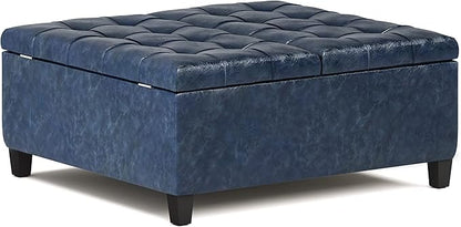 SIMPLIHOME Harrison 36 inch Wide Transitional Square Coffee Table Storage Ottoman in Denim Blue Vegan Faux Leather, Assembled, For the Living Room and Bedroom