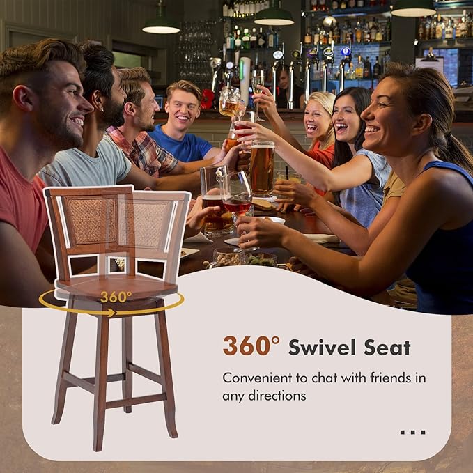 COSTWAY Bar Stools Set of 4, 24.5 Inch Counter Height Bar Stool with Rattan Back, 360°Swivel Seat, Comfortable Footrests, Rubber Wood Bar Stools for Kitchen Island, Dining Room, Cafe, Pub (4)