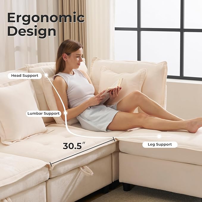 133'' Modular Sectional Sofa, Oversized U Shaped Couch with Storage Ottoman, Comfy Chenille Sofa with Deep Seat, 6 Seat Convertible Couches with Throw Pillows for Living Room, Beige