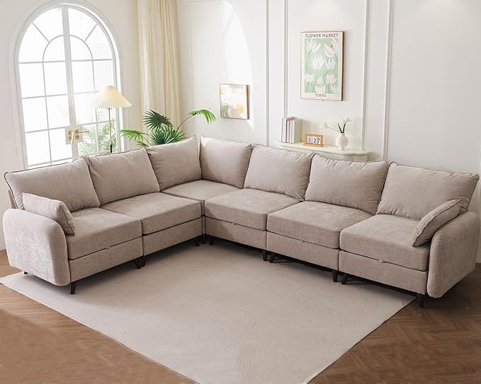 135'' Modular Sectional Sofa with Storage Seat,Oversized L Shaped Couch,6 Seater Couches for Living Room,Bedroom,Velet,Khaki