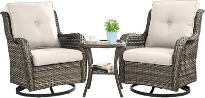 HUMMUH 3-Piece Swivel Rocking Rattan Chair Outdoor, Patio Bistro Furniture Conversation Set, Cushioned Wicker Chair with Glass Side Table(Grey, Beige)