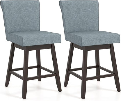 COSTWAY Swivel Bar Stools Set of 2, 27" Counter Height Bar Chairs with Rubber Wood Legs, Upholstered Linen Barstools with Back & Cushioned Seat, for Kitchen Island, Home, Grey