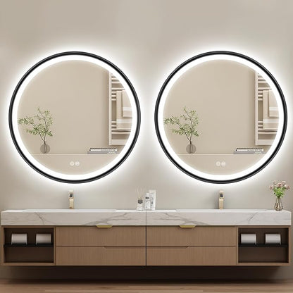 S'bagno 32'' Round Black LED Mirror for Bathroom with Frontlit & Backlit, LED Vanity Mirror with Metal Frame, Anti-Fog, Stepless Dimmable, 3 Color Temperature