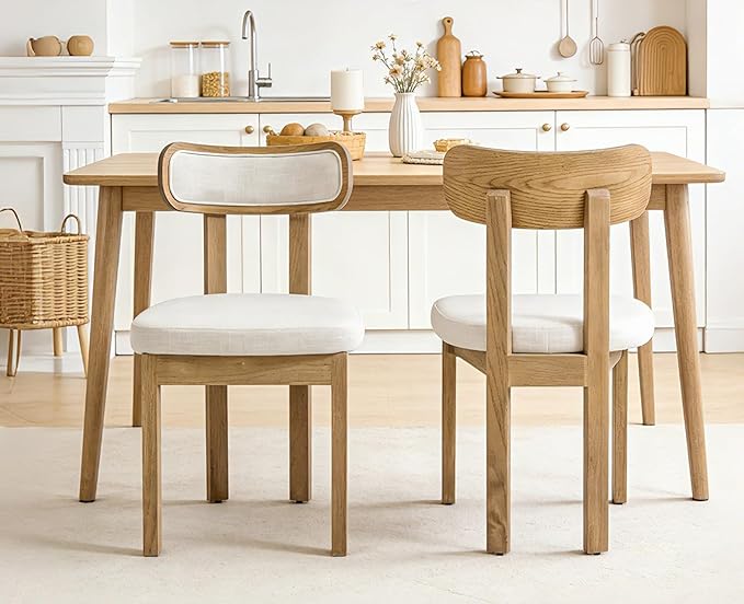 Beige Dining Chairs Set of 2, Mid Century Modern Linen Dining Room Chairs with Curved Back, Armless Kitchen Chairs for Living Room/Restaurant/Balcony/Bedroom/Home Desk/Task
