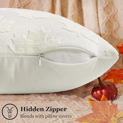 decorUhome Decorative Cream White Maple Leaf Thanksgiving Throw Pillow Covers 18x18 Set of 2, Soft Chenille Jacquard Farmhouse Textured Pillow Covers for Couch Sofa Autumn Harvest Halloween Holiday