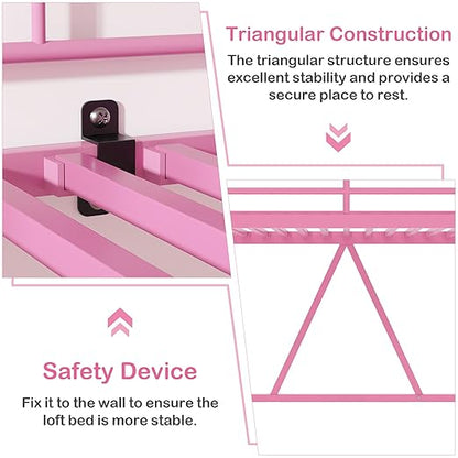 VECELO Metal Loft Bed Twin Size, Heavy Duty Bedframe with Removable Ladder and Safety Guardrail, Space-Saving, Noise Free, No Box Spring Needed, Light Pink
