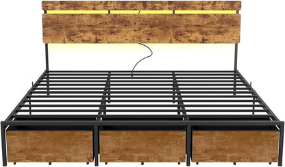 Forestell King Size Bed Frame with Wood Headboard, Metal Platform Bed with 3 Storage Drawers & Shelf, Built-in Charging Station & LED Lights, No Box Spring Needed, Vintage Brown, Camas King