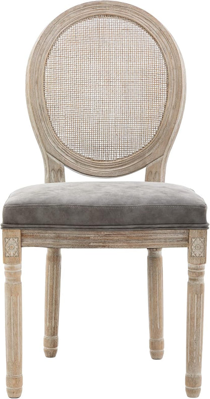 Farmhouse Leather Dining Room Chairs Set of 4 French Dining Chairs with Round Rattan Back French Bistro Chairs for Dining Room/Living Room/Kitchen/Restaurant, Grey