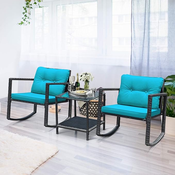 COSTWAY 3 Pieces Patio Rattan Rocking Chair Set, Outdoor Conversation Furniture Sets with Coffee Table, Storage Shelf and Cushions, Modern Bistro Set for Porch, Backyard, Garden, Turquoise