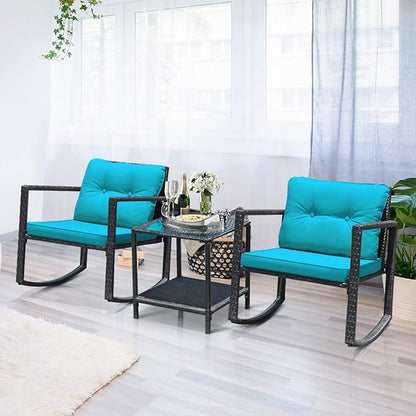 COSTWAY 3 Pieces Patio Rattan Rocking Chair Set, Outdoor Conversation Furniture Sets with Coffee Table, Storage Shelf and Cushions, Modern Bistro Set for Porch, Backyard, Garden, Turquoise