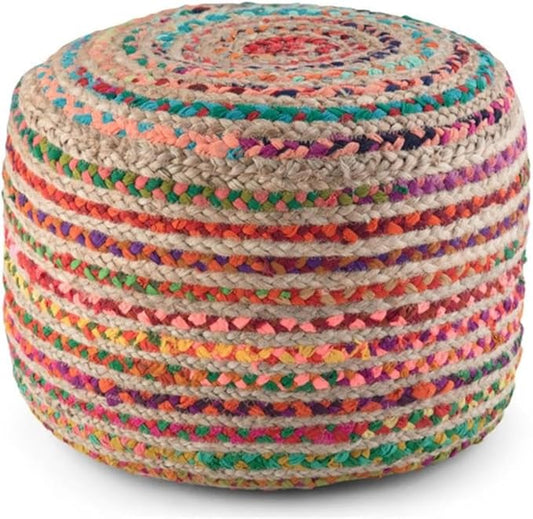 SIMPLIHOME Margo Boho Round Pouf in Multi Color Braided Jute for the Living Room, Bedroom and Kids Room