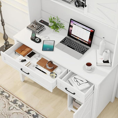 Farmhouse 47" Executive Computer Desk with 2 Drawers and Storage Cabinet, Home Office Desk with Hutch and Charging Station, Workspace for Work and Study (Cream White).