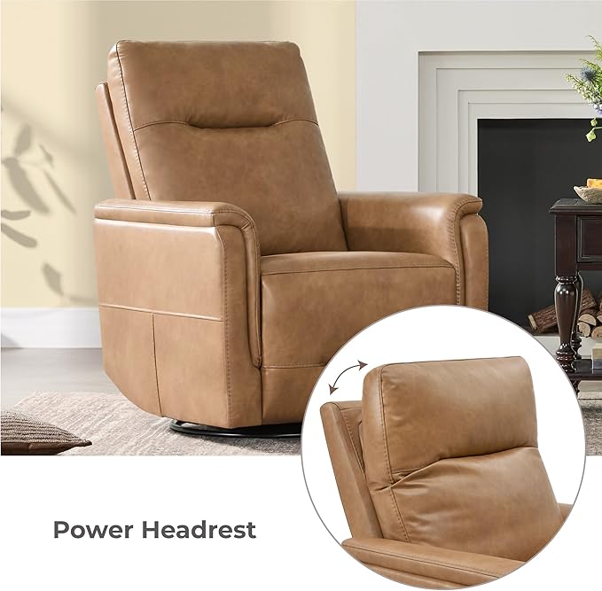 Watson & Whitely Power Recliner Chairs for Adults, Swivel Rocker Recliner W Power Headrest & Type-C Charger for Living Room, Faux Leather, Camel, RC015