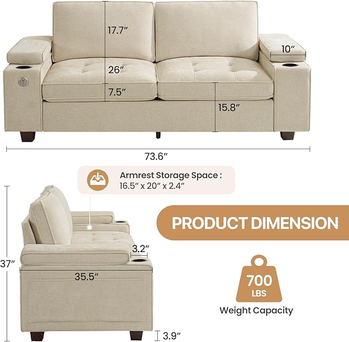 74" Loveseat Couch for Living Room, Modern Chenille Upholstered Sofa with Adjustable Armrest,Storage,Cup Holders,USB & Type-C Ports,Solid Wood 2-Seater Loveseat Sofa for Apartment(Beige)