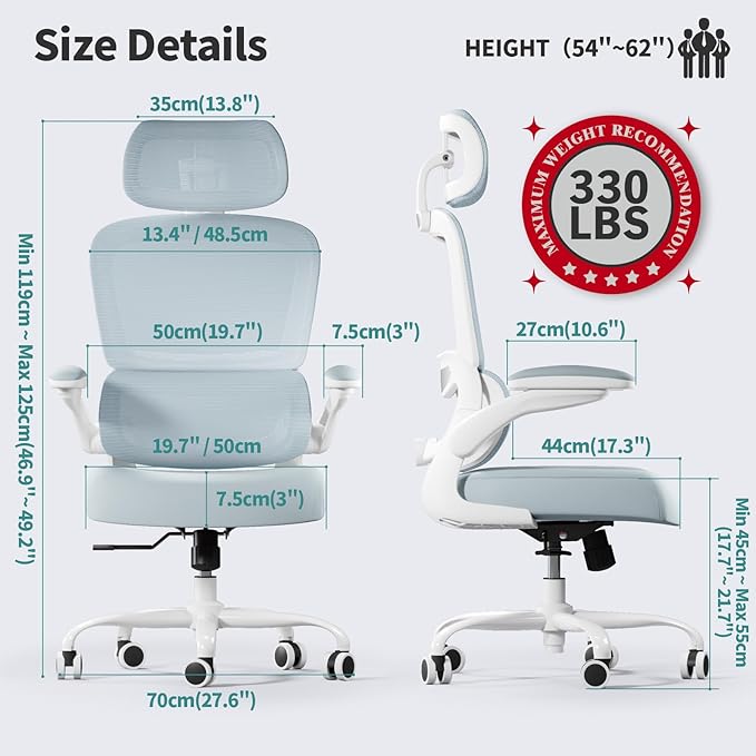 TRALT Office Chair Ergonomic Desk Chair, 330 LBS Home Mesh Office Desk Chairs with Wheels, Comfortable Gaming Chair, High Back Office Chair for Long Hours (Blue)