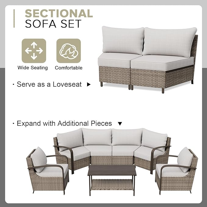 COOS BAY Aurora Terrace Half-Moon Outdoor Furniture Set, Rattan Conversation Set with Patio Chairs, Curved 4-Seat Sofa, Coffee Table & Side Table, Seats 6, Beige/Beige