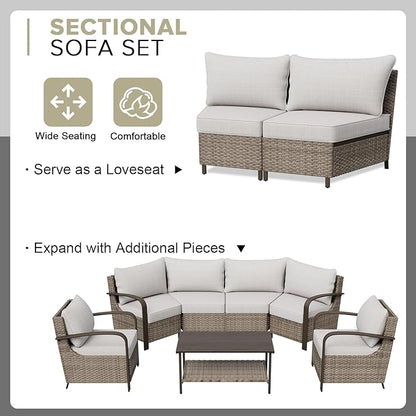 COOS BAY Aurora Terrace Half-Moon Outdoor Furniture Set, Rattan Conversation Set with Patio Chairs, Curved 4-Seat Sofa, Coffee Table & Side Table, Seats 6, Beige/Beige