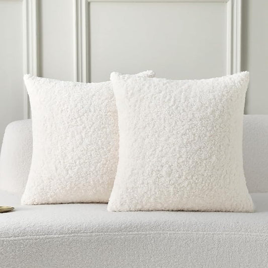 FUTEI Cream White Throw Pillow Covers 16x16 Inch Set of 2,Furry Faux Fur Teddy Boucle Textured Cushion Covers,Soft Fluffy Decorative Pillow Case,Home Decor for Couch Bed Living Room Office Car