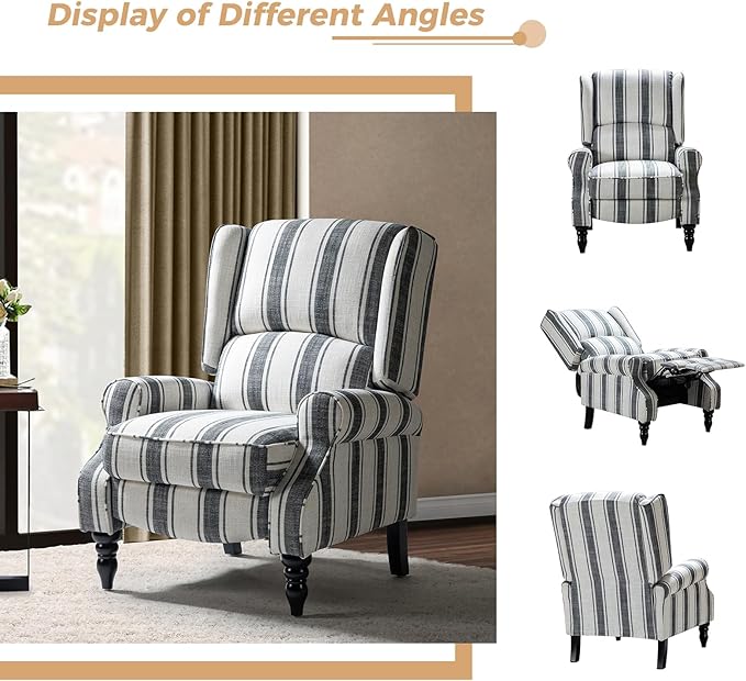 HULALA HOME Upholstered Wingback Recliner Chair, Small Adjustable Footrest Push Back Single Reclining Sofa, Mid Century Modern Lounge Armchair for Living Room, Bedroom, Reading/Stripe Black