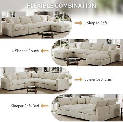 Modern Sectional Linen Cloud Couch for Living Room V-Shape Sofas,5 Seat Modular Sofas with Ottoman,Couches Cushion Covers Removable,Cozy Feather Down Sofa for Apartment Beige