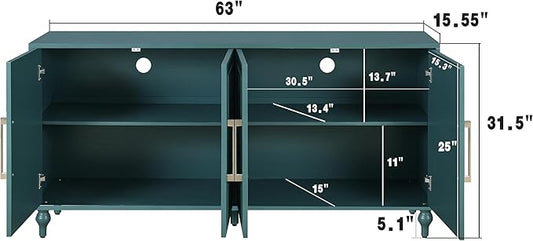 Sideboard Buffet Credenza for Living Room, 63" Blue Entryway Table with Storage Accent Cabinet, Carved Flowers Doors & Wire Holes