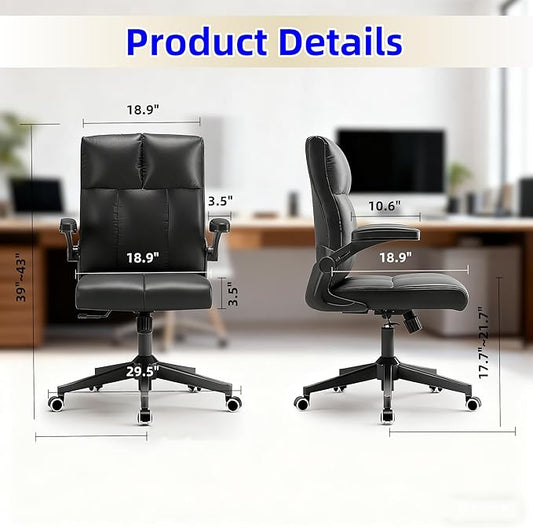 Office Desk Chair Computer Chair with Space Saving Flip-Up Arms, 360° Swivel & Reclining Back, High-Back Executive Chair in Soft Faux Leather for Office&Study（Gray）