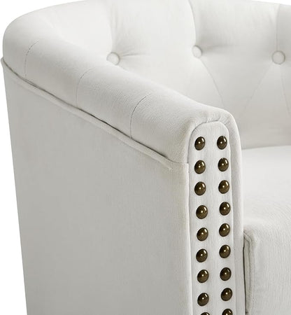 Swivel Barrel Accent Chair,Round Nailhead Chenille Fabric Living Room Arm Chairs,Modern Upholstered Comfty Reading Nook Chairs for Bedroom,Small Club Armchair,Single Sofa Side Chair,Ivory White