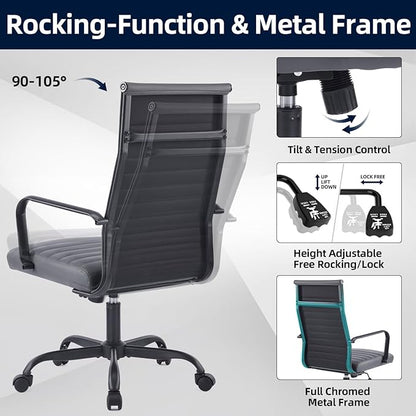 Office Chair, Ergonomic Executive Conference Room Chairs, Ribbed Leather Desk Chair with Lumbar Support, Adjustable Height Mid-Back Swivel Chair with Padded Seat