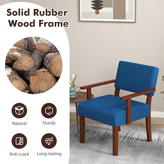 Giantex Mid Century Modern Accent Chair Blue - Linen Living Room Arm Chair w/Soft Padded Seat & Backrest, Rubber Wood Frame, Upholstered Reading Chair for Living Room, Bedroom, Reception