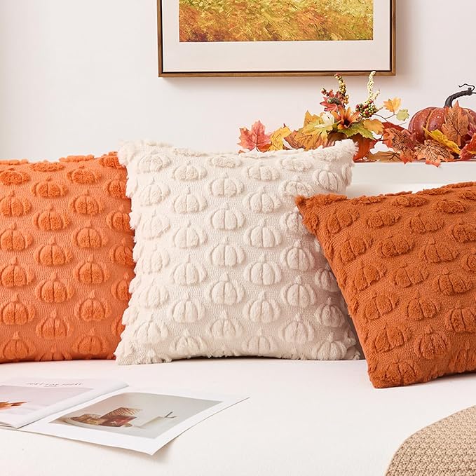 Kevin Textile Fall Pumpkins Pillow Covers 18x18 Inch Set of 2 Cute Autumn Decorative Square Pillowcases Soft Faux Fur Cushions Harvest Gift for Couch Sofa Chair Bedroom Home Decor, Cream White