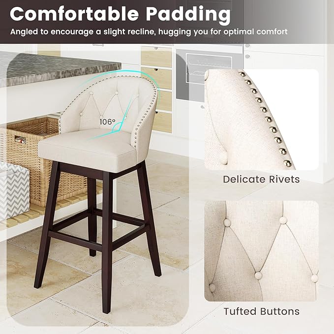 COSTWAY Bar Stools Set of 4, 31’’ Swivel Bar Stools with Rubber Wood Legs & Padded Back, Breathable Linen Fabric, Stylish Tufted Design & Rivet Decoration, Adjustable Foot Pads (4, Beige + Brown)