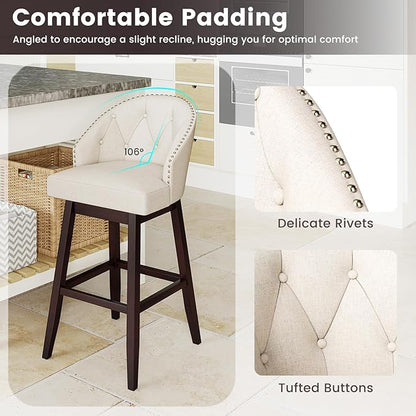 COSTWAY Bar Stools Set of 4, 31’’ Swivel Bar Stools with Rubber Wood Legs & Padded Back, Breathable Linen Fabric, Stylish Tufted Design & Rivet Decoration, Adjustable Foot Pads (4, Beige + Brown)