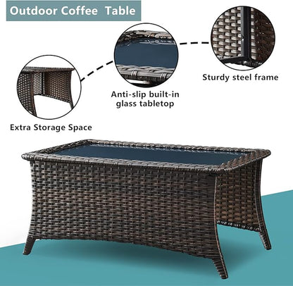 Rilyson Wicker Outdoor Patio Furniture Set - 8 Piece Patio Conversation Sets with Swivel Rocker Chairs, Ottomans, Sofa and Coffee Table, 6 inch Cushions, Deep Seating, for Porch Deck Brown/Blue