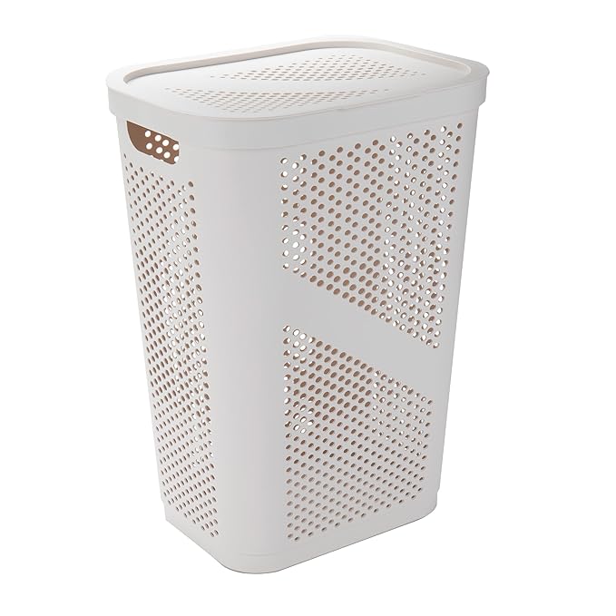 Mind Reader 60L Slim Laundry Hamper, Clothes Basket, Lid, Ventilated, Plastic, Set of 2, Ivory
