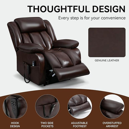 Luxlen Electric Power Lift Recliner Chair with Vibration Massage and Heat, Leather Reclining Chairs for Elderly with Remote Controls, Side Pockets, Big and Tall Recliner, Brown
