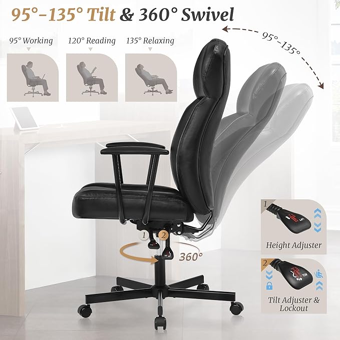 High Back Office Desk Chair, Breathable Ergonomic Leather Chair with 5-Layer Seat Cushion with 135°Reclining Lumbar Support Adjustable Height Rolling Swivel Executive Armrests Chair, Black