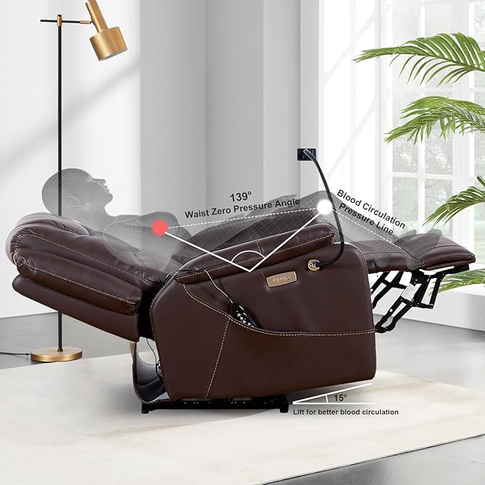 Zero Gravity Power Recliner Chairs for Adults 139°Single Sofa Chair Massage and Lumbar Heating with USB Port, Phone Holder, Side Pocket, Eco Leather(Brown)