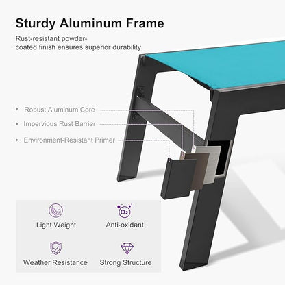 PURPLE LEAF Outdoor Lounge Chair Set of 3 Patio Chaise Pool Lounger Aluminum Frame with Side Table and Wheels for Outside Sunbathing Tanning Recliner Including Pillows Turquoise Blue
