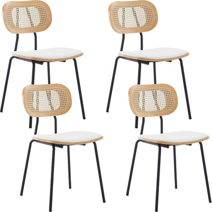 Mid-Century Modern Rattan Cane Back Dining Chairs Set of 4 — PU Leather Upholstered Seat, Black Metal Legs, Kitchen Side Chairs for Kitchen & Dining Room, White
