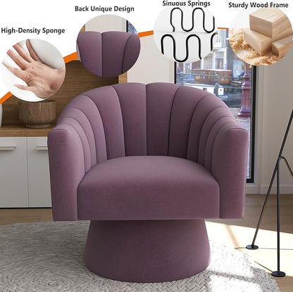 Swivel Accent Chair,Upholstered Velvet 360° Swivel Barrel Chair for Living Room Overstuffed Bouncle Reading Chair Round Armchair for Bedroom,Vanity,Office(Purple)